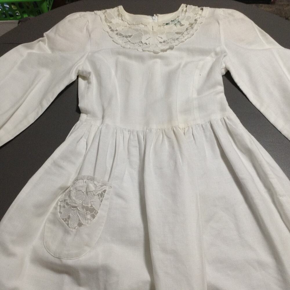 Vintage Paper White Dress Girls Size 6 White Linen Lace Trim Heirloom circa 1984